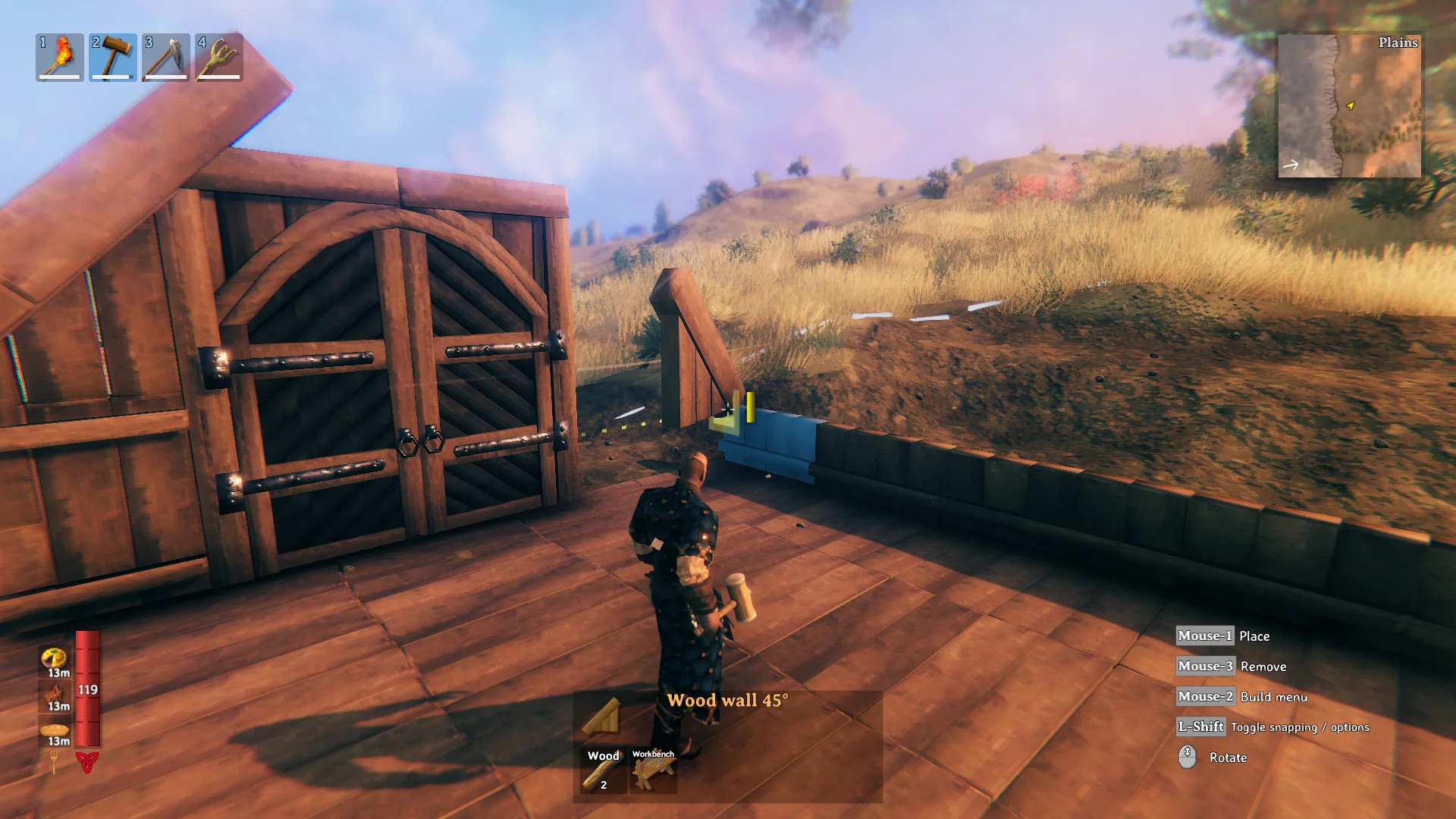 Valheim Meadows biome at dawn, Viking looking over golden grasslands with a wooden shelter