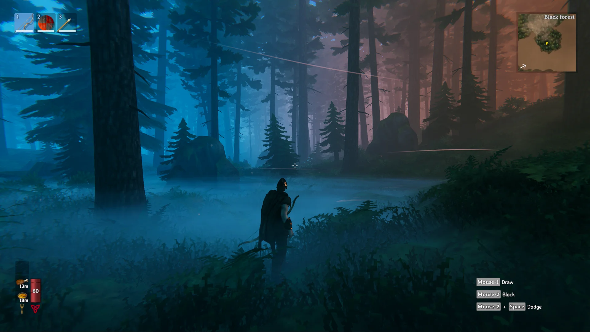 Valheim Black Forest biome, dense dark pine trees with greydwarf patrol