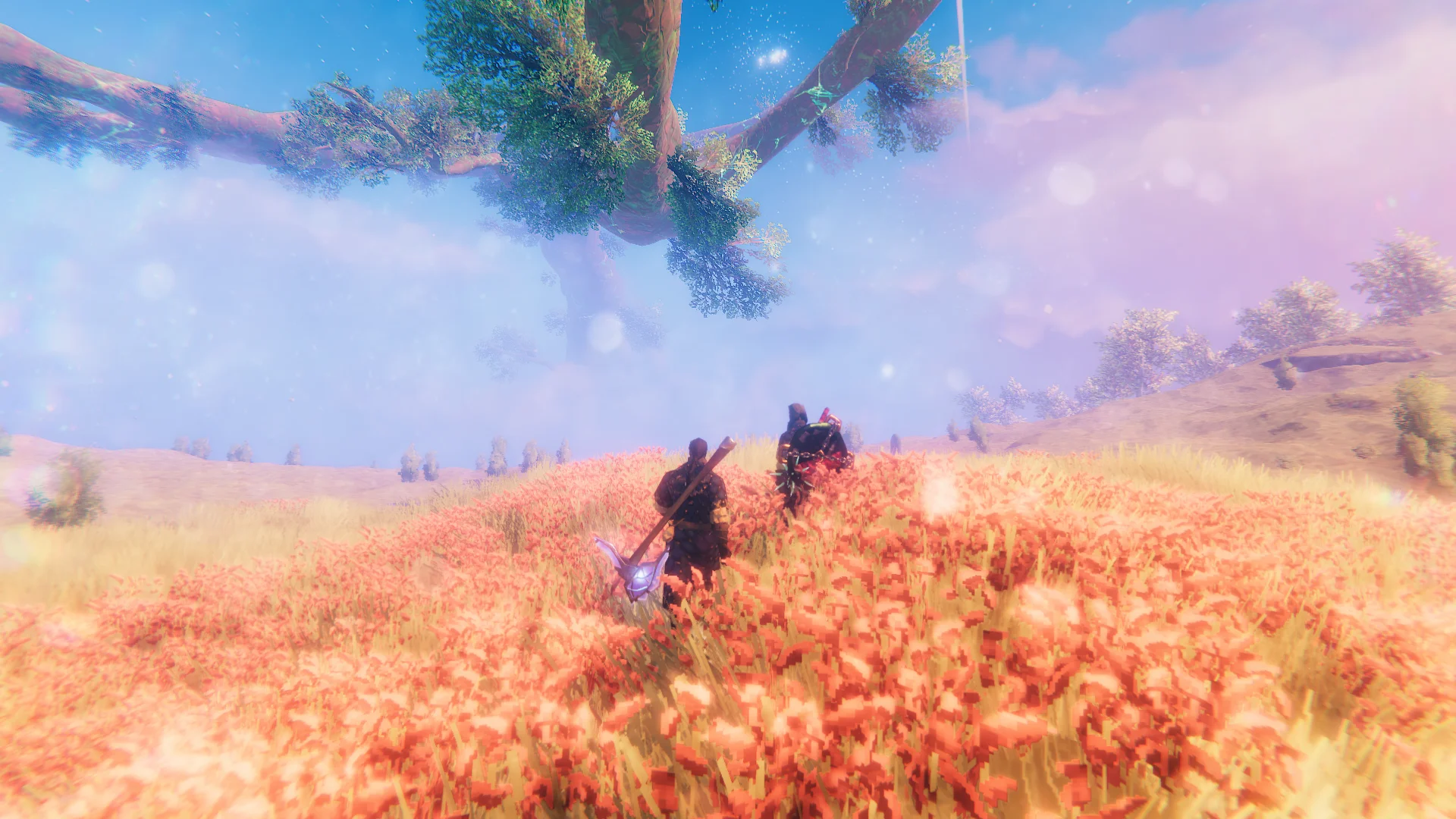 Valheim Swamp biome, purple-grey bog with sunken stone crypt entrance