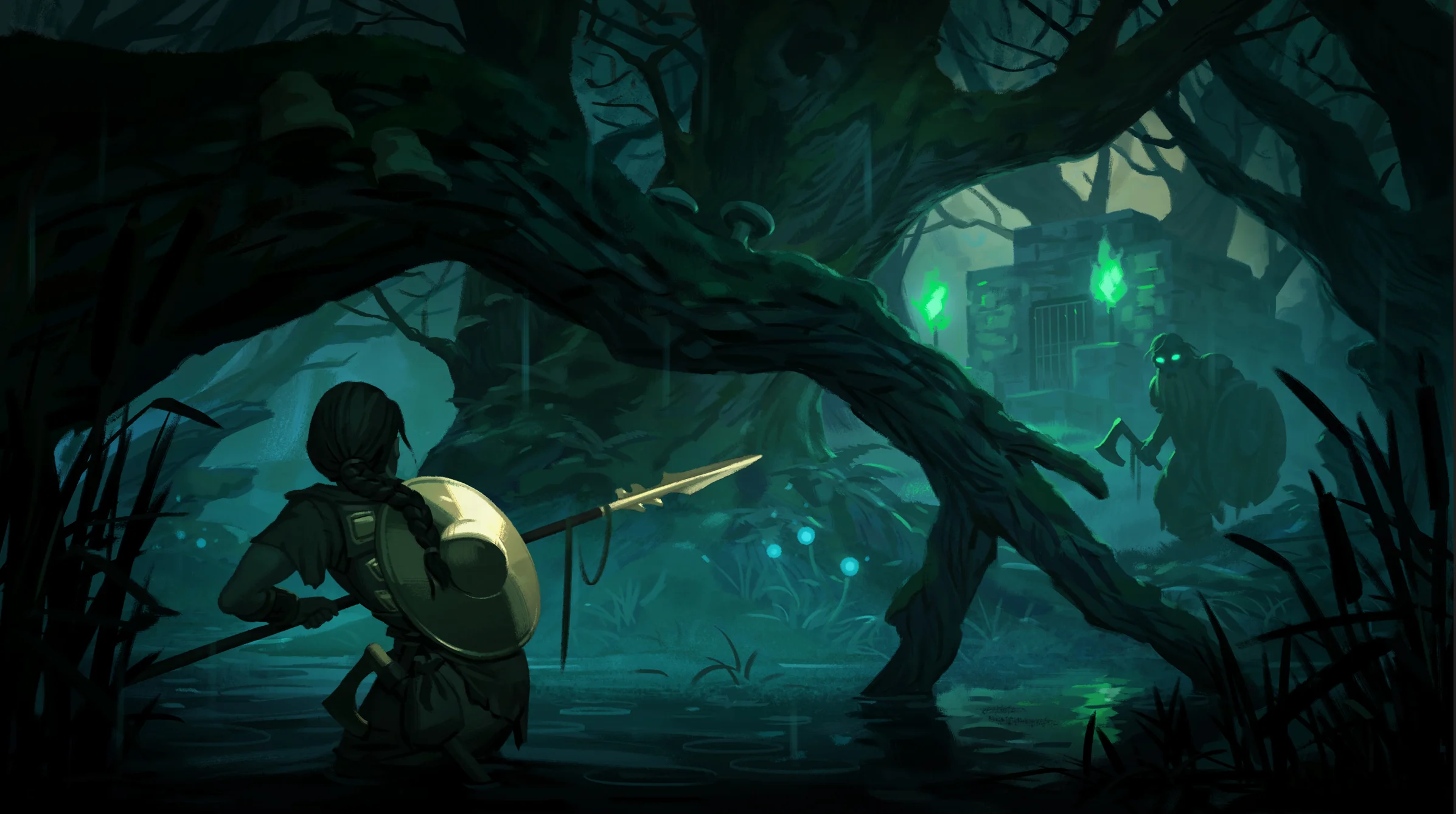 Schematic of the eight Valheim biomes and their bosses, with Meadows at the start