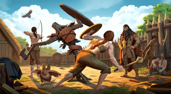 Official Valheim illustration of villagers defending a wooden village against raiding enemies, holding shields, bows and hammers