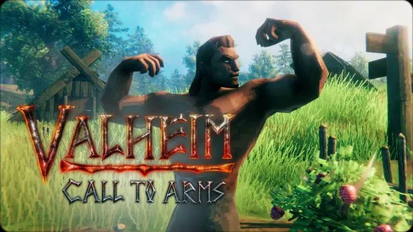 The official title art for the Call to Arms update, showing a Valheim character in a dynamic combat stance