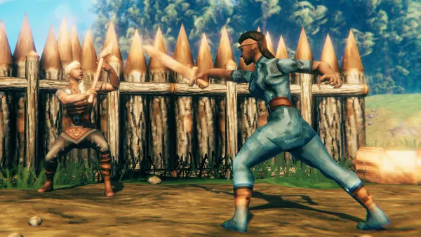 Two Valheim characters practising sword swings at each other in front of a wooden palisade wall