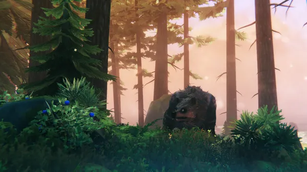 A bear crouching in the underbrush of the Black Forest at dawn, with a Valheim character visible in the background