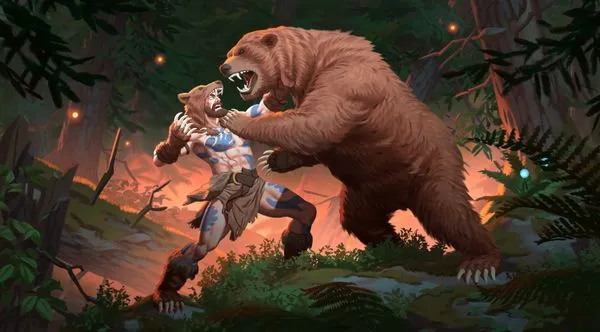 Official Valheim illustration of a bear lunging at a character, firelight in the Black Forest background