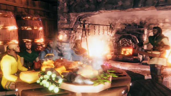 A Valheim camp cooking table piled with raw meat, grilled food, fruit and vegetables, set up next to a campfire