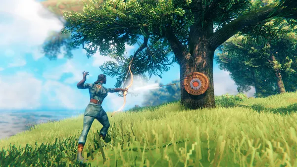 A Valheim character drawing a bow and shooting an arrow at a target mounted on a tree in the Meadows
