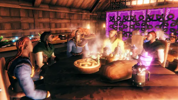 Five players sharing a long banquet table in a longhouse: a steaming pot of food, a wooden cask and lanterns, with a glowing rune wall in the background
