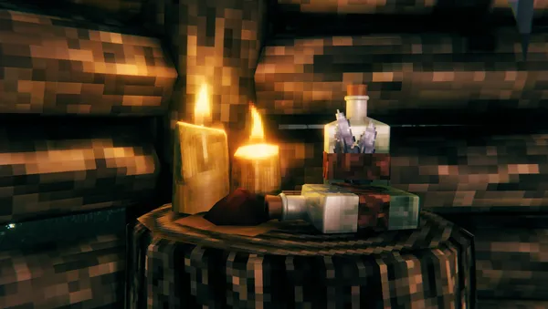 A tree-stump workbench in Valheim set with mead bottles, candles and ore, a potion and brewing scene