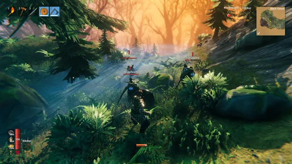 A group of Valheim players fighting enemies together in the Black Forest, with the combat HUD showing the backpack, compass and health bars