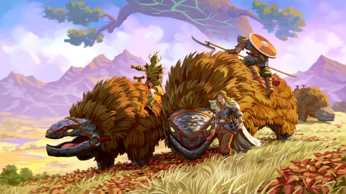 Official artwork: Vikings riding shaggy mounts across a golden grassland with mountains behind.